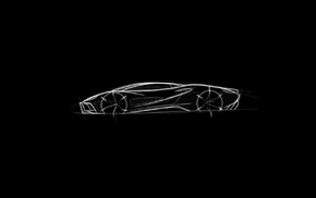 sketches, sports car, modern, monochrome, black background, drawing