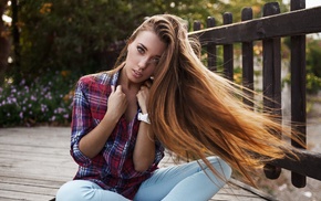 sitting, long hair, jeans, wooden surface, girl, model