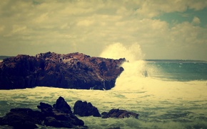 rock, overcast, landscape, sea, waves, crash