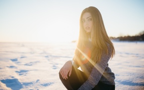 girl, snow, portrait, face, sunset, model