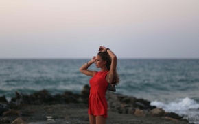 girl, sea, looking away, model, red dress