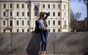 model, girl, city, jeans, hands in hair, high heels