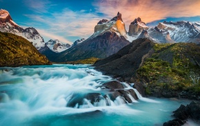 nature, snowy peak, horns, Chile, mountain, river