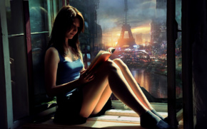 window, girl, brunette, reading, legs