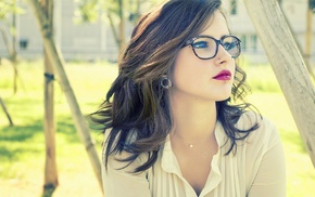 girl with glasses, red lipstick, piercing, long hair, nerds, girl