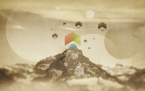 mountain, circle, cube, abstract