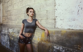 jean shorts, girl, model, tattoo, walls