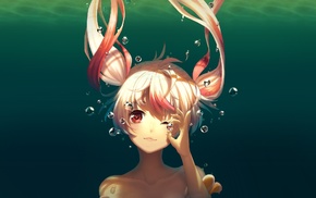 pink hair, anime, underwater, twintails, red eyes, original characters