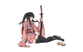 sword, black hair, white background, kimono, katana, Japanese clothes