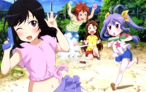 water guns, Koshigaya Natsumi, anime girls, Koshigaya Komari, Non Non Biyori, Miyauchi Renge