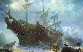 ruin, artwork, drawing, shipwreck, ship, tropical