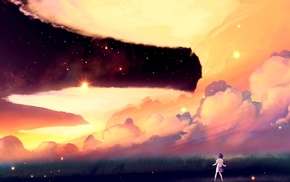 clouds, sky, field, anime, artwork, stars