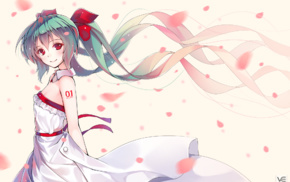 red eyes, Vocaloid, petals, Hatsune Miku, hair ornament, blushing
