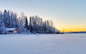 winter, lake, frost, sunset