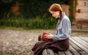 girl, redhead, books, skirt, sitting