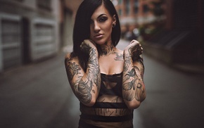 girl, tattoo, face, portrait, nose rings