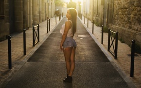 looking at viewer, girl, jean shorts, brunette