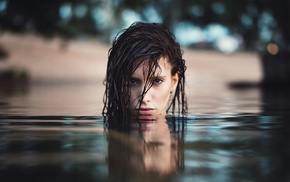 water, girl, portrait, brunette, wet hair, face