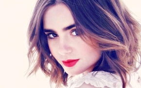 lips, girl, red lipstick, Lily Collins