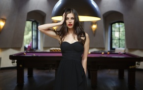hands in hair, portrait, pool table, black dress, girl