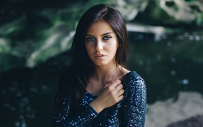 brunette, depth of field, David Olkarny, model, Aurela Skandaj, blue eyes