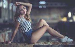 sitting, shoes, jean shorts, girl
