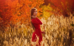 girl outdoors, red dress, girl, blonde