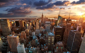 city, New York City, aerial view, sunset