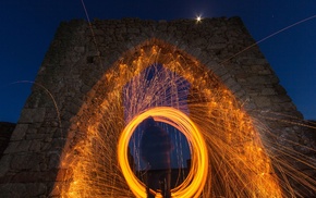 arch, architecture, sparks, long exposure, photography, night