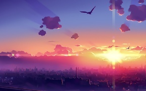 sunset, city, skyline, anime