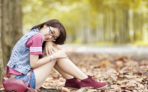 girl outdoors, long hair, denim skirt, girl with glasses, short skirt, sitting