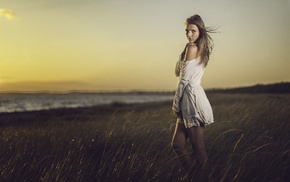 blonde, girl, sunset, dress, portrait