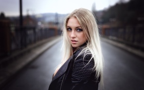 looking at viewer, girl, black clothing, blonde, face, portrait