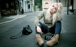 road, sitting, blonde, jeans, girl