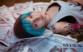 looking at viewer, painted nails, lying down, dyed hair, bra, Life Is Strange