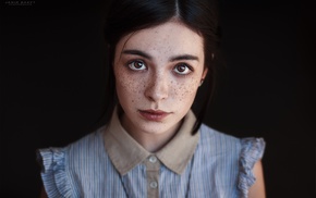 portrait, face, girl, black background, brown eyes, freckles