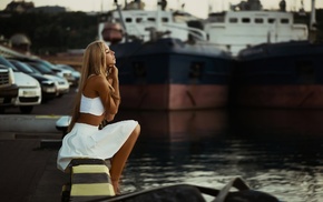 sitting, girl, looking away, blonde, skirt, white tops