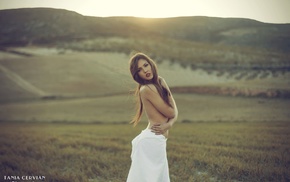 girl outdoors, Tania Cervian, girl, white dress, holding boobs