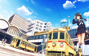 anime, school uniform, landscape, train station, schoolgirls, original characters