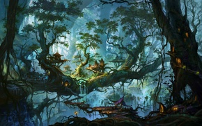 fantasy art, artwork, digital art, waterfall, forest, trees