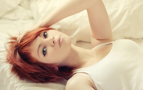 tank top, Vladlena Venskaya, in bed, hands in hair, lying on back, redhead