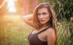 juicy lips, girl, looking at viewer, face, fence, portrait