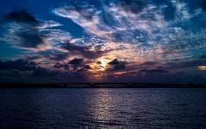 water, clouds, sunset, sea, bridge