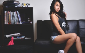 Asian, couch, dark hair, long hair, girl, legs together