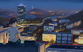 rooftops, lights, city, night, building, street light