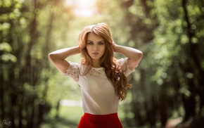 redhead, long hair, forest, looking at viewer, girl outdoors, girl