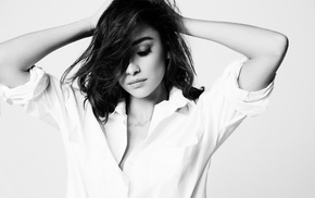 monochrome, simple background, white clothing, Shay Mitchell, lips, brunette