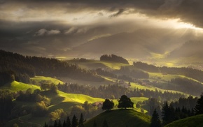 nature, clouds, mountain, Switzerland, sun rays, landscape
