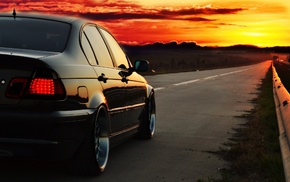 photoshopped, road, sunset, driving, car, BMW E46