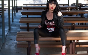sitting, high heels, black clothing, spread legs, girl, red heels